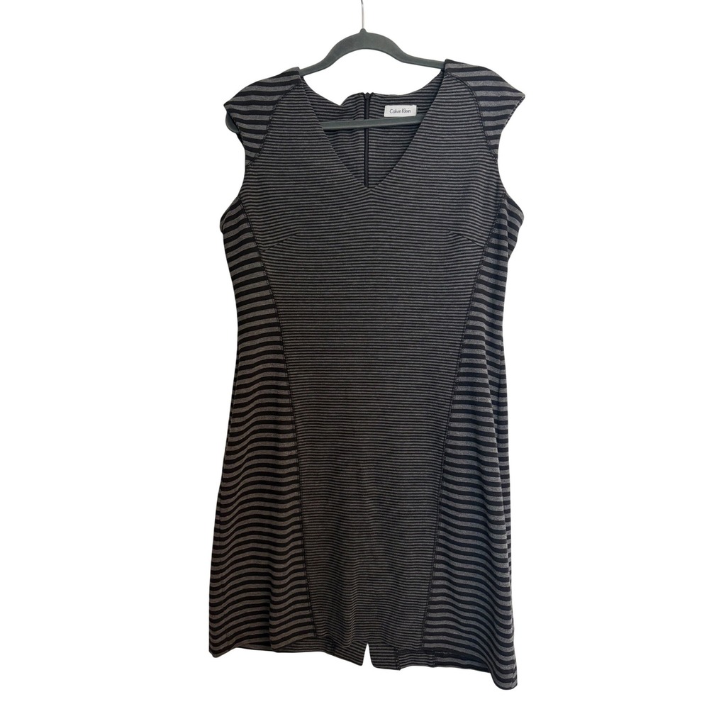 Calvin Klein Black Grey Striped V-Neck Sheath Dress Size 10 Business Casual